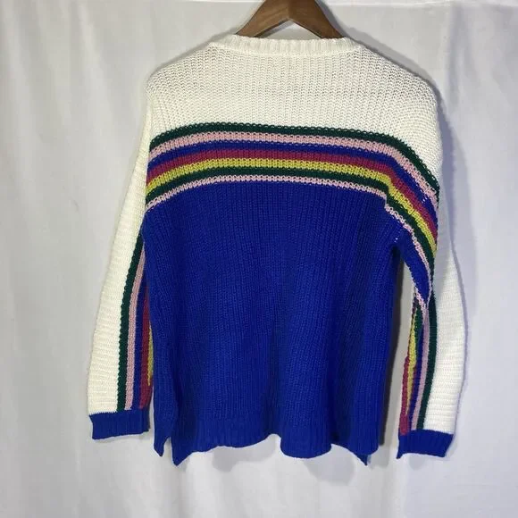 TRUE CRAFT white blue multicolor stripe color block crew neck pullover sweater M - Picture 11 of 11